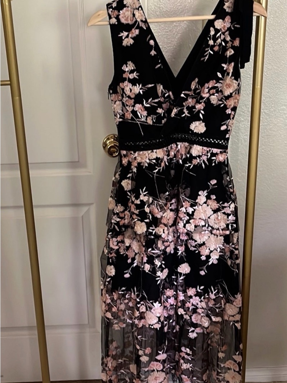 Self-Portrait Black Floral V-Neck Midi Dress with Pink Embroidery